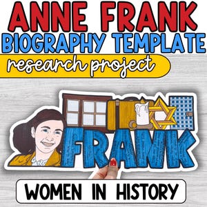 May include: A colorful graphic featuring the words "ANNE FRANK" in red and blue, with "BIOGRAPHY TEMPLATE" and "research project" in yellow. Below, a cutout illustration of Anne Frank and related symbols, with the word "FRANK" in blue. The text "WOMEN IN HISTORY" is at the bottom.