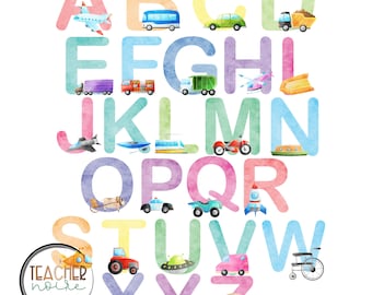 May include: A colorful alphabet chart with watercolor letters and illustrations of vehicles. Each letter of the alphabet is paired with a different vehicle, such as a plane, bus, car, truck, boat, and more.
