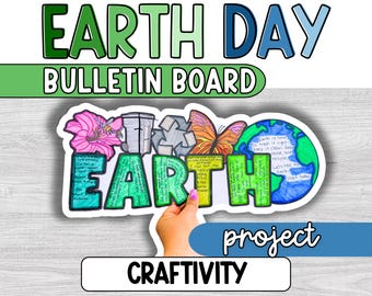 May include: A colorful Earth Day bulletin board project with the word "EARTH" written in large, green letters. The letters are decorated with drawings of flowers, butterflies, recycling symbols, and a globe. The text "Earth is home, treat it right, keep it clean, reduce, reuse, recycle, let's heal our Earth, start today" is written on the globe.