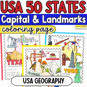 May include: A coloring page titled "USA 50 STATES Capital & Landmarks." The page features illustrations of state landmarks and capitals, including Texas, New York, and California. The text "USA GEOGRAPHY" is also present.