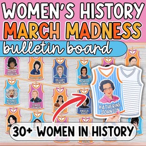 May include: A bulletin board with the text "WOMEN'S HISTORY MARCH MADNESS" and "bulletin board". It features illustrations of women in basketball jerseys, including Aretha Franklin, Sally Ride, and Michelle Obama. The text "30+ WOMEN IN HISTORY" is also present.