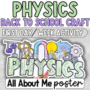 以下が含まれることがあります： 「物理」をテーマにしたカラフルなポスターで、「Back to School Craft」と「First Day/Week Activity」の文字が入っています。ポスターには、ジェットコースター、電球、歯車のイラストが描かれています。「All About Me poster」の文字が一番下にあります。