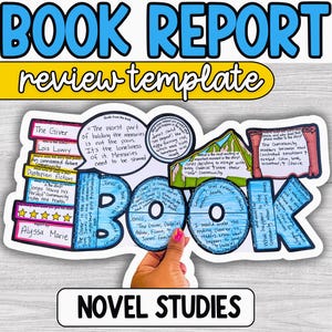 May include: A paper book report review template featuring the word BOOK in large blue letters filled with handwritten text. The design includes a stack of books labeled The Giver by Lois Lowry, a speech bubble quote, and sections for novel study analysis.