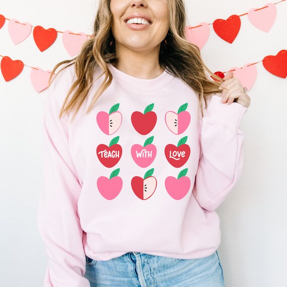 Valentines Day Sweater, Teacher Valentine's Day Gift, Teach With Love Pink Crewneck Sweater, First Year Teacher, teacher sweater