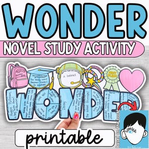 Op de afbeelding: Een kleurrijke, printbare "Wonder" romanstudie-activiteit. Het ontwerp bevat het woord "WONDER" in grote blauwe letters, samen met illustraties van een rugzak, een afstudeerhoed, een helm en een hart. De tekst "NOVEL STUDY ACTIVITY" is ook opgenomen.