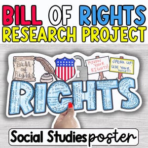 Pode incluir: Um cartaz educativo colorido com o texto "BILL OF RIGHTS RESEARCH PROJECT". O cartaz apresenta ilustrações da Declaração de Direitos, incluindo um pergaminho, uma pena e a bandeira americana. A palavra "RIGHTS" é destacada.