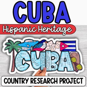 Może przedstawiać: Wycinanka papierowa do projektu badawczego o kraju z napisem CUBA w dużych niebieskich literach wypełnionych odręcznymi faktami. Ilustracje obejmują jasnoniebieski zabytkowy samochód, palmę, domino, flagę Kuby i marakasy.