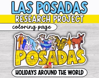 Może przedstawiać: Kolorowanka do projektu badawczego "Las Posadas". Obrazek zawiera niebieski tekst "Las Posadas" z ilustracjami osła, gwiazdy i postaci. Zawiera również tekst "Holidays Around The World".
