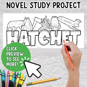 Puede incluir: Un proyecto de estudio de novela en blanco y negro titulado "Hatchet" con ilustraciones de un lobo, &aacute;rboles, un hacha, una fogata, una mochila y un avi&oacute;n. El texto "Novel Study Project" est&aacute; en la parte superior. Una mano sostiene un l&aacute;piz.