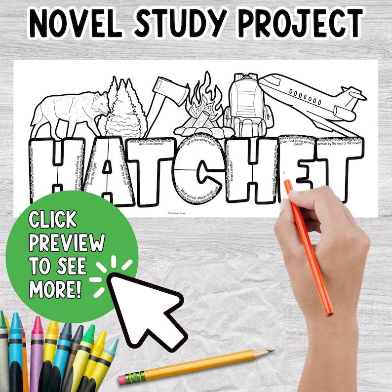 Puede incluir: Un proyecto de estudio de novela en blanco y negro titulado "Hatchet" con ilustraciones de un lobo, &aacute;rboles, un hacha, una fogata, una mochila y un avi&oacute;n. El texto "Novel Study Project" est&aacute; en la parte superior. Una mano sostiene un l&aacute;piz.
