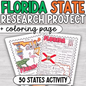 May include: Two printable activity sheets with the text "FLORIDA STATE RESEARCH PROJECT + coloring page" and "50 STATES ACTIVITY". The sheets feature illustrations of Florida, including a flamingo, alligator, and state symbols. The text "FLORIDA" is prominently displayed.