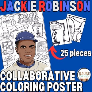 May include: Black and white coloring poster featuring Jackie Robinson, a baseball player. The poster is divided into 25 pieces and includes text such as "Color Barrier", "Civil Rights", "Rookie of the Year", and "April 15th".