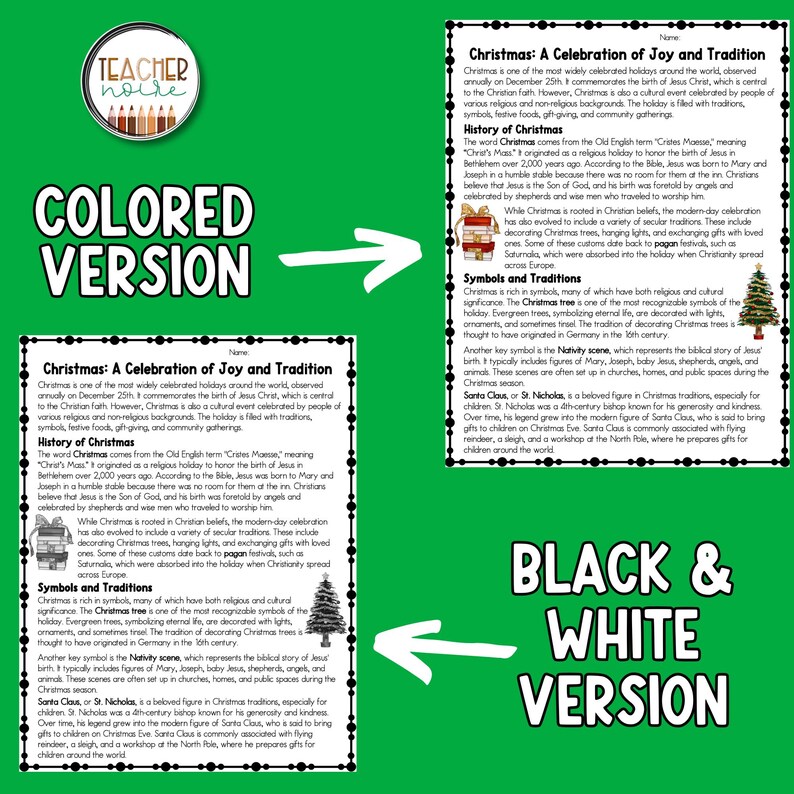 May include: A green and white illustrated worksheet with text explaining the history and traditions of Christmas. The worksheet includes a colorful illustration of a Christmas tree and a nativity scene.