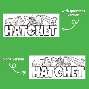 Puede incluir: Dibujo lineal en blanco y negro de la palabra "HATCHET" con ilustraciones tem&aacute;ticas de acampada. Incluye un oso, &aacute;rboles, un hacha, una fogata, una mochila y un avi&oacute;n. La imagen tiene una "versi&oacute;n con preguntas" y una "versi&oacute;n en blanco".