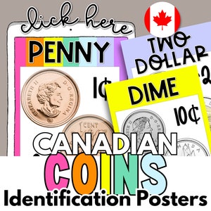 May include: Colourful posters featuring images of Canadian coins, including a penny, dime, and two dollar coin. The posters have the words "Penny", "Dime", and "Two Dollar" written on them. The text "Canadian Coins Identification Posters" is at the bottom of the image.