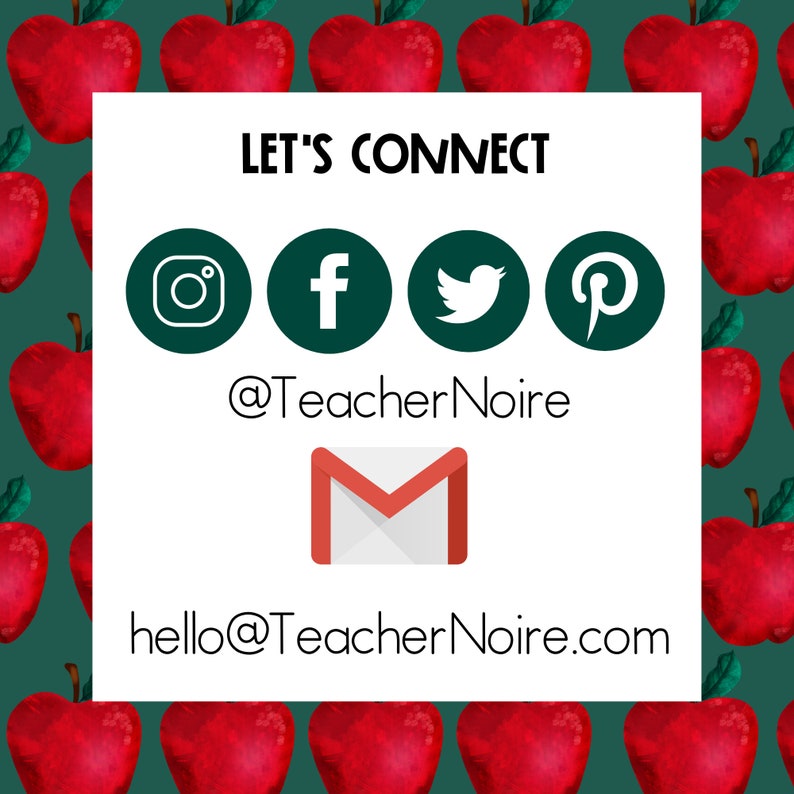 Puede incluir: Gr&aacute;fico "Conect&eacute;monos" con iconos de redes sociales para Instagram, Facebook, Twitter y Pinterest. El gr&aacute;fico tambi&eacute;n incluye el texto "@TeacherNoire" y "hello@TeacherNoire.com".