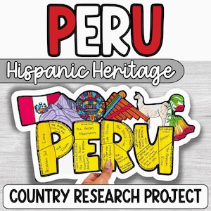 Puede incluir: Un recorte educativo colorido que presenta la palabra PERU en letras amarillas grandes rellenas con datos escritos a mano. Sobre las letras hay ilustraciones de la bandera peruana, montañas, un emblema solar, zampoñas, una llama y flores.