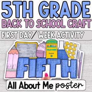 Puede incluir: Un colorido póster de manualidades de regreso a la escuela para estudiantes de quinto grado. El diseño incluye el texto "5TH GRADE BACK TO SCHOOL CRAFT" y "FIRST DAY/WEEK ACTIVITY". El póster presenta un lápiz, una mochila, crayones y la palabra "FIFTH". También se incluye el texto "All About Me poster".