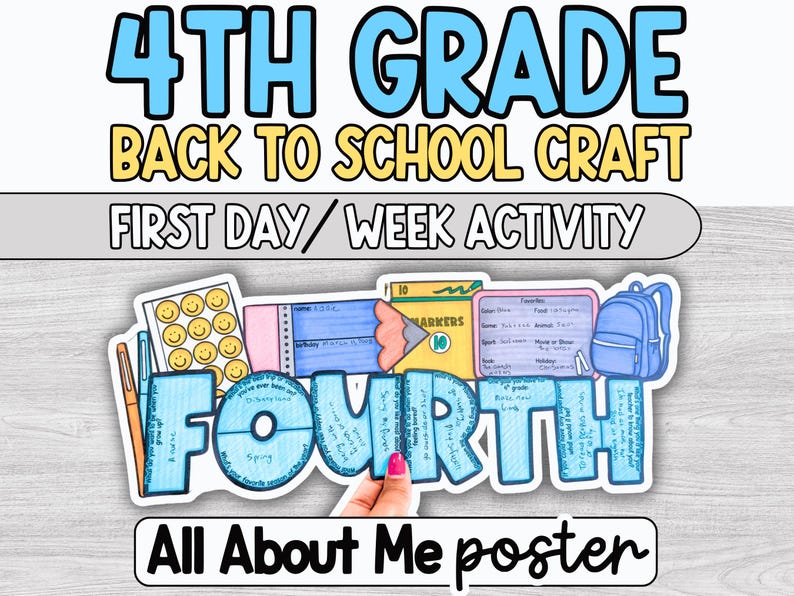 May include: A colorful back-to-school craft poster for 4th grade students. The design includes the text "4TH GRADE BACK TO SCHOOL CRAFT" and "FIRST DAY/WEEK ACTIVITY". The poster features various elements like a backpack, smiley face stickers, and a section for personal information.