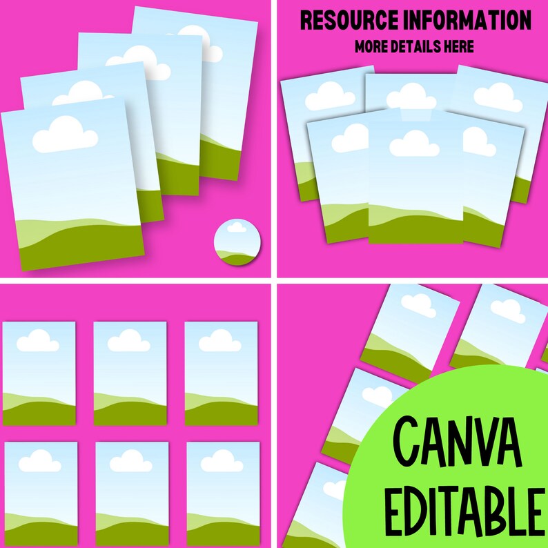 May include: A set of printable cards featuring a simple landscape design with green hills, blue sky, and white clouds. The cards are labeled "Canva Editable" and are perfect for creating your own custom designs.