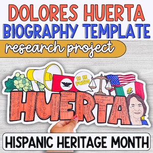 May include: A colorful graphic for Hispanic Heritage Month, featuring the text "Dolores Huerta Biography Template" and "research project." The design includes a megaphone, flags, and the words "Si Se Puede." The name "Huerta" is prominently displayed.