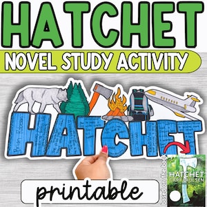 Puede incluir: Un gr&aacute;fico educativo colorido para una actividad de estudio de novela basada en el libro "Hatchet" de Gary Paulsen. El dise&ntilde;o incluye el t&iacute;tulo en verde, ilustraciones de un lobo, &aacute;rboles, un hacha, una mochila, una fogata y un avi&oacute;n. Tambi&eacute;n se incluye la palabra "imprimible".