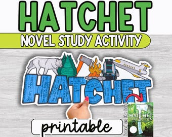 May include: A colorful educational graphic for a novel study activity based on the book "Hatchet" by Gary Paulsen. The design includes the title in green, illustrations of a wolf, trees, an axe, a backpack, a campfire, and a plane. The word "printable" is also included.