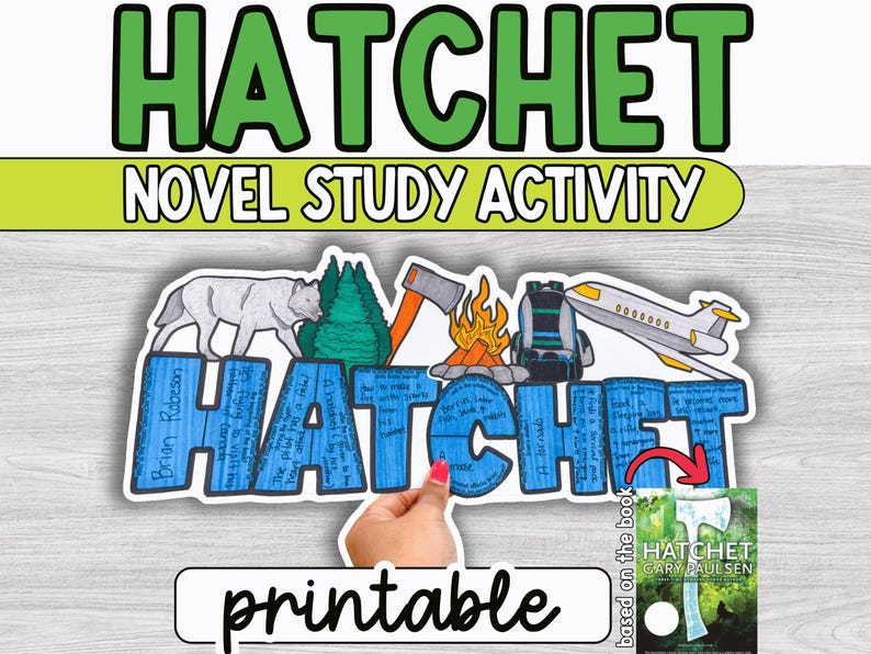 Puede incluir: Un gr&aacute;fico educativo colorido para una actividad de estudio de novela basada en el libro "Hatchet" de Gary Paulsen. El dise&ntilde;o incluye el t&iacute;tulo en verde, ilustraciones de un lobo, &aacute;rboles, un hacha, una mochila, una fogata y un avi&oacute;n. Tambi&eacute;n se incluye la palabra "imprimible".