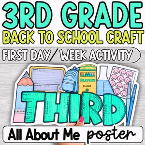 Könnte beinhalten: Ein farbenfrohes "All About Me" Poster für die 3. Klasse mit dem Text "3RD GRADE BACK TO SCHOOL CRAFT" und "FIRST DAY/WEEK ACTIVITY". Das Poster zeigt Illustrationen von Schulmaterialien wie Bleistift, Rucksack und Buntstiften.