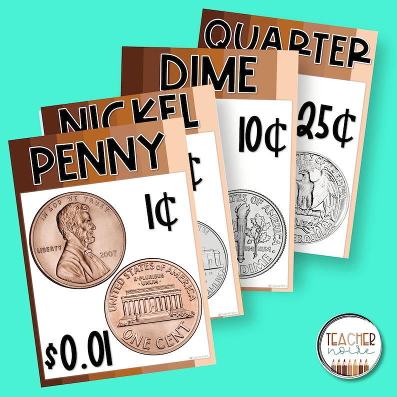 May include: Educational flashcards featuring U.S. coins: penny, nickel, dime, and quarter. Each card displays the coin's name, value, and an image of the coin. The penny card shows "$0.01" and "ONE CENT". The quarter card shows "25&cent;".