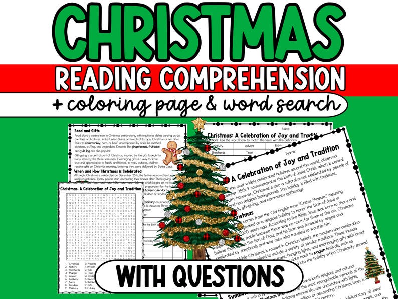 May include: A printable Christmas reading comprehension worksheet with a word search, coloring page, and a reading passage about the history and traditions of Christmas. The worksheet features a green Christmas tree with red ornaments and a gingerbread man.