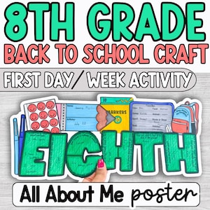 May include: A colorful "All About Me" poster for 8th grade, featuring the text "8TH GRADE BACK TO SCHOOL CRAFT" in green and pink. Includes space for student information and a backpack graphic. A fun first day/week activity.