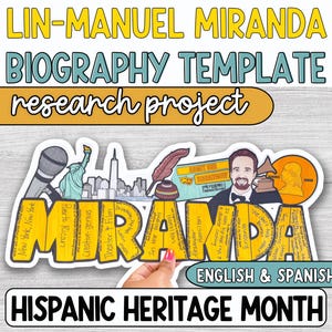 May include: A colorful graphic for a biography template, featuring the text "Lin-Manuel Miranda" and "Biography Template." The design includes illustrations of a microphone, the Statue of Liberty, and a portrait. The text "English & Spanish" is also present.