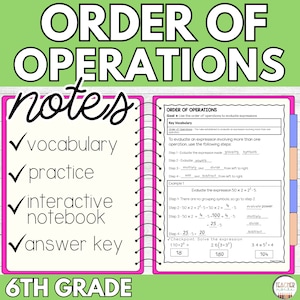 Puede incluir: Un cuaderno interactivo rosa y azul con el título "Orden de operaciones" y el texto "notes" en una fuente grande, negra y manuscrita. El cuaderno incluye vocabulario, práctica y una clave de respuestas. El cuaderno está diseñado para estudiantes de 6º grado.