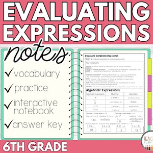 Puede incluir: Un cuaderno interactivo verde y amarillo con el título "Evaluating Expressions Notes" y una lista de características que incluyen vocabulario, práctica, cuaderno interactivo y clave de respuestas. El cuaderno está diseñado para matemáticas de 6º grado.