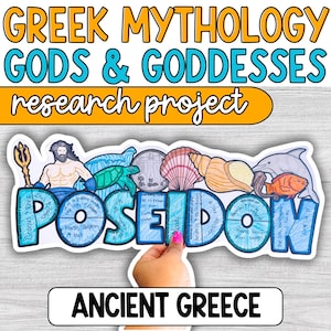 May include: A colorful printable research project about Poseidon, the Greek god of the sea. The printable features Poseidon's name in large, colorful letters with illustrations of sea creatures, shells, and a trident. The text "Ancient Greece" is at the bottom of the printable.