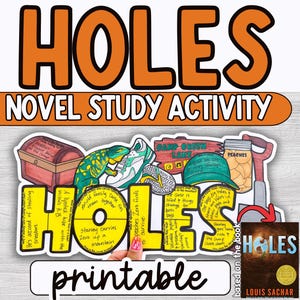 Peut inclure: Une image colorée pour une activité d'étude de roman, avec le mot "HOLES" en grandes lettres orange. L'image comprend des illustrations d'un coffre au trésor, d'un lézard, de baskets et d'une couverture de livre. Le texte comprend "NOVEL STUDY ACTIVITY" et "printable".