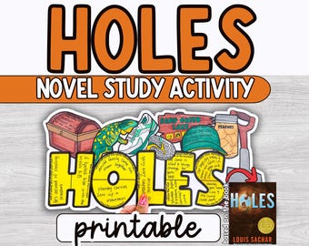 Pode incluir: Um gráfico colorido para uma atividade de estudo de romance, com a palavra "HOLES" em letras grandes laranja. A imagem inclui ilustrações de um baú de tesouro, um lagarto, tênis e uma capa de livro. O texto inclui "NOVEL STUDY ACTIVITY" e "printable".