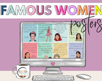 May include: A computer screen displaying colorful posters with quotes from famous women. The posters feature illustrations of the women and their quotes. The screen is on a desk with a mug and keyboard. The text on the screen reads "Famous Women Posters".