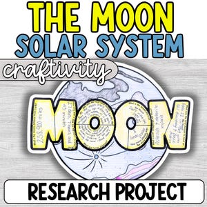 Pode incluir: Uma atividade de artesanato imprimível para crianças aprenderem sobre a lua. O artesanato apresenta um círculo grande com a palavra "LUA" em letras amarelas e um círculo menor no centro. O círculo externo contém fatos sobre a lua, como sua distância da Terra, seu período de rotação e suas características de superfície. O artesanato é rotulado como "O Sistema Solar da Lua Craftivity Projeto de Pesquisa".