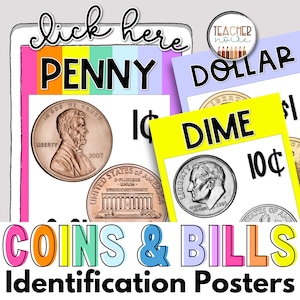 US Money Identification Posters, Coin Poster, Coin Recognition Sheet, United States Coins & Bills, Money Bulletin Board Decor, Money Posters