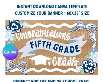 Modello di banner floreale blu per fine anno/laurea: design modificabile su Canva 60x36 (download immediato)