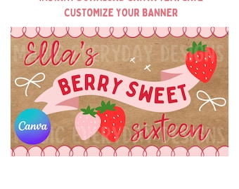 Plantilla de banner de 16 años con temática de bayas: Diseño editable en Canva (descarga instantánea)
