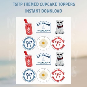 May include: Cupcake toppers with a summer theme. The design includes images of a polar bear wearing sunglasses, a red soda bottle, a daisy, and text that reads "Entering Cousins Beach" and "Team Jeremiah".