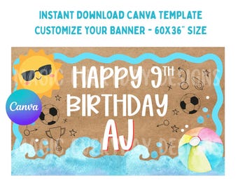 Modello di banner per festa in piscina a tema calcio: design modificabile su Canva (download immediato) / 60x36"