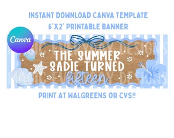Summer I Turned Pretty Banner Template | Editable Canva | TSITP | Printed Banner | Bday | 6x2' | Instant Download | Print at Walgreens