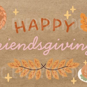 Puede incluir: Ilustraci&oacute;n tem&aacute;tica de Friendsgiving sobre un fondo marr&oacute;n. La imagen presenta un pastel, una calabaza, hojas de oto&ntilde;o, un pavo asado y las palabras "HAPPY friendsgiving" en naranja y rosa. Estrellas decorativas dispersas.