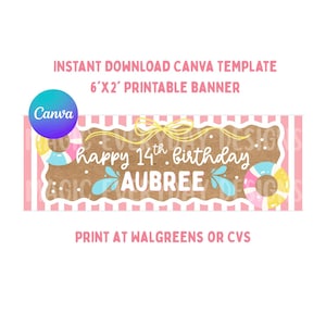 May include: A printable banner template with a brown center and pink striped borders. The banner reads "happy 14th birthday AUBREE" with water splashes and a floatie design. The banner is 6 feet by 2 feet.