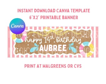 Pool Party Birthday Banner Template: Editable Canva Design | 2x6 WALGREENS CVS PRINT | Instant Download | Digital Printable