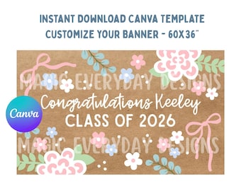 Modello di banner floreale per la laurea: design modificabile su Canva 60x36 (download immediato)